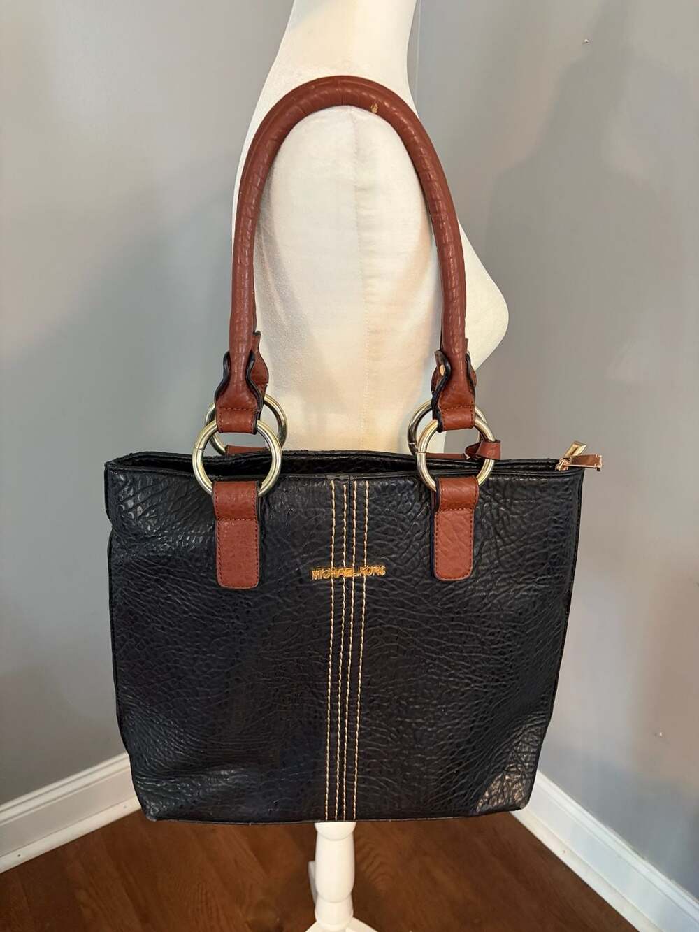 Michael Kors Black Pebbled Leather Tote Bag with Brown Handles and Gold Hardware